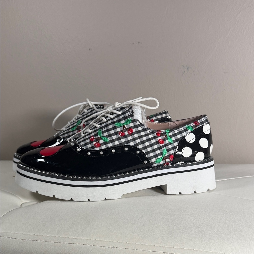 Womens Black & White Gingham Cherry Platform Oxfords